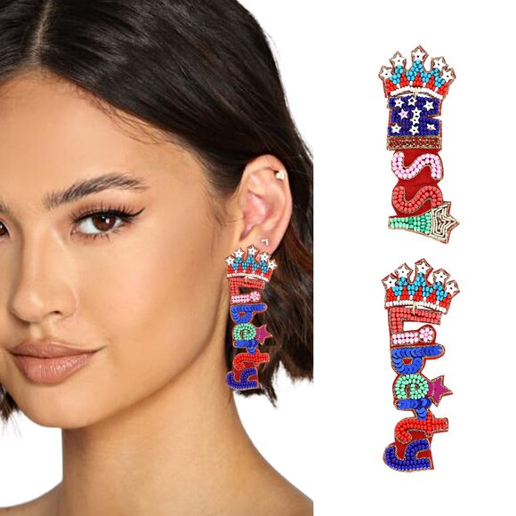 MISS LIBERTY 4th of July USA American Flag Statue of Liberty Beaded Earrings NEW - Picture 1 of 5